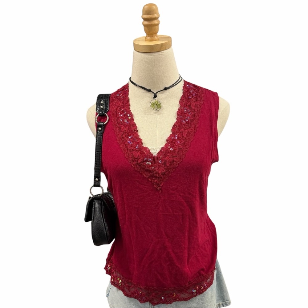Y2K Red Lace Sequin Tank Top Vol.1 Sleeveless XL
